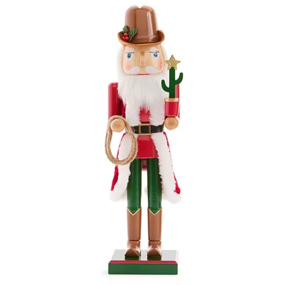 Wooden Christmas Nutcracker,14", WHITE SANTA COWBOY W/LASSO ROPE & CACTUS 178,NP